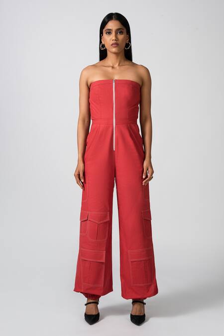 Buy Pocketful Of Cherrie Red Cotton Bandeau Neck Adventure Ready Strapless Jumpsuit Online at Aza Fashions Buy_Pocketful Of Cherrie_Red Cotton Bandeau Neck Adventure Ready Strapless Jumpsuit_Online_at_Aza_Fashions
