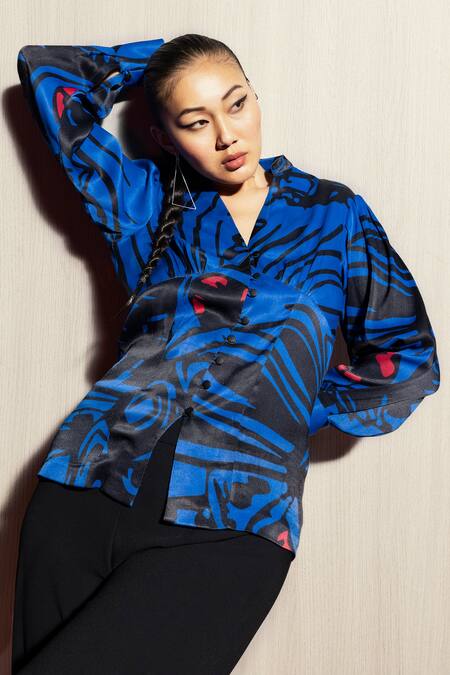 Pocketful Of Cherrie_Blue Polyester Collared Abstract Print Shirt_at_Aza_Fashions
