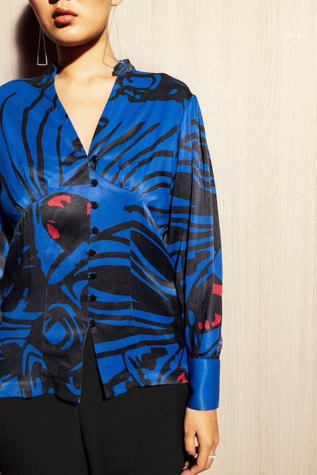 Buy_Pocketful Of Cherrie_Blue Polyester Collared Abstract Print Shirt