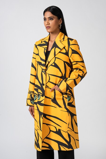 Pocketful Of Cherrie Yellow 100% Cotton Printed Abstract Lapel Bold Sunshine Overcoat 