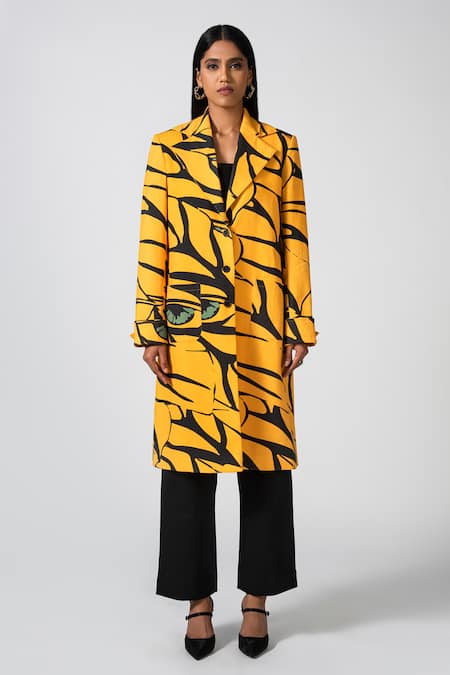 Pocketful Of Cherrie_Yellow Cotton Collared Bold Sunshine Printed Overcoat_Online_at_Aza_Fashions