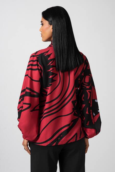 Shop Pocketful Of Cherrie Red Polyester Collared Ruby Romance Balloon Sleeve Shirt at Aza Fashions Shop_Pocketful Of Cherrie_Red Polyester Collared Ruby Romance Balloon Sleeve Shirt_at_Aza_Fashions