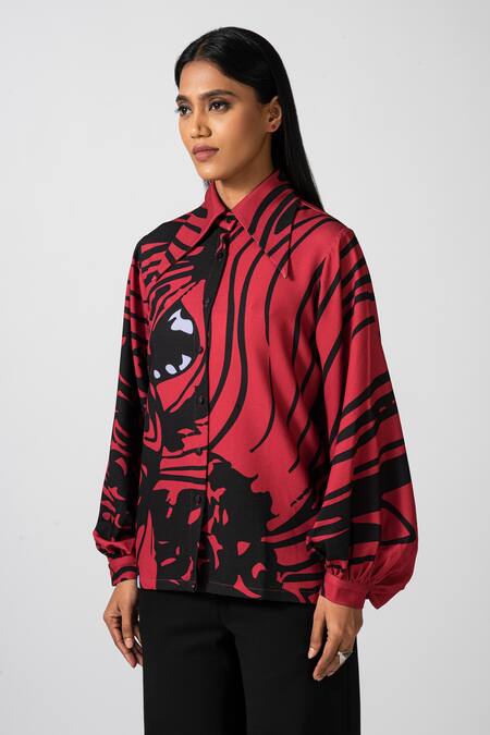 Pocketful Of Cherrie Red Polyester Collared Ruby Romance Balloon Sleeve Shirt Online at Aza Fashions Pocketful Of Cherrie_Red Polyester Collared Ruby Romance Balloon Sleeve Shirt_Online_at_Aza_Fashions