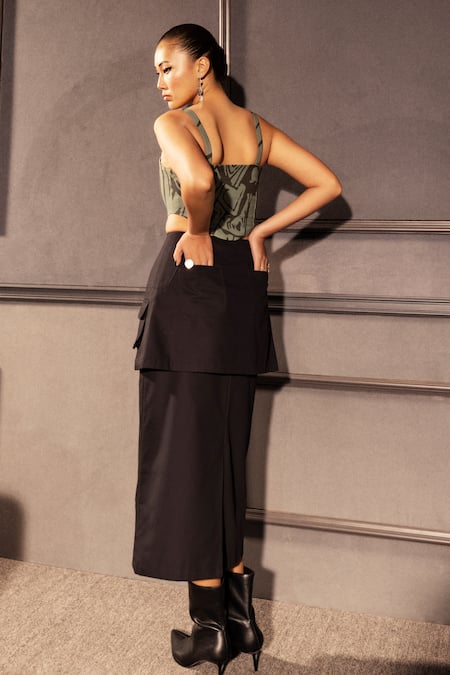 Shop Pocketful Of Cherrie Black Cotton Double Layer Wrap Style Skirt at Aza Fashions Shop_Pocketful Of Cherrie_Black Cotton Double Layer Wrap Style Skirt_at_Aza_Fashions