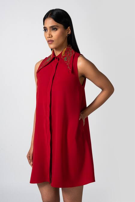 Buy_Pocketful Of Cherrie_Red Polyester Embroidery Collared Solid A-line Short Dress_Online_at_Aza_Fashions