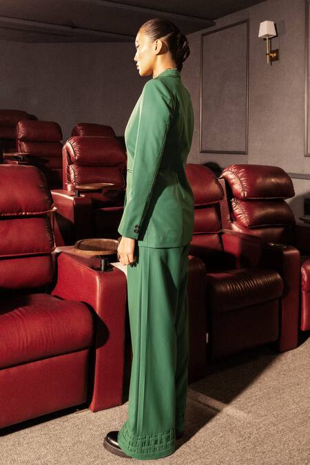 Shop Pocketful Of Cherrie Green Cotton, Polyester Embroidery Royal Crest Blazer at Aza Fashions Shop_Pocketful Of Cherrie_Green Cotton, Polyester Embroidery Royal Crest Blazer_at_Aza_Fashions