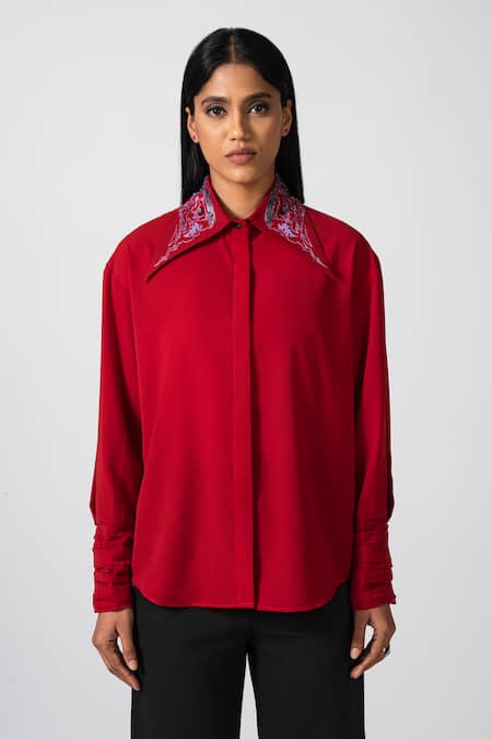 Pocketful Of Cherrie Red 100% Polyester Plain Pointed Collar Scarlet Embroidered Shirt 