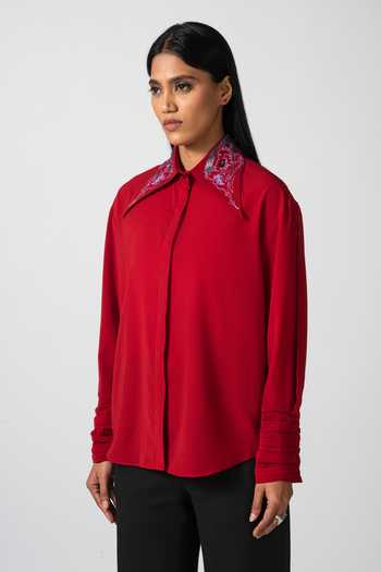 Pocketful Of Cherrie_Red Polyester Embroidery Button-down Neck Scarlet Collar Shirt_Online_at_Aza_Fashions