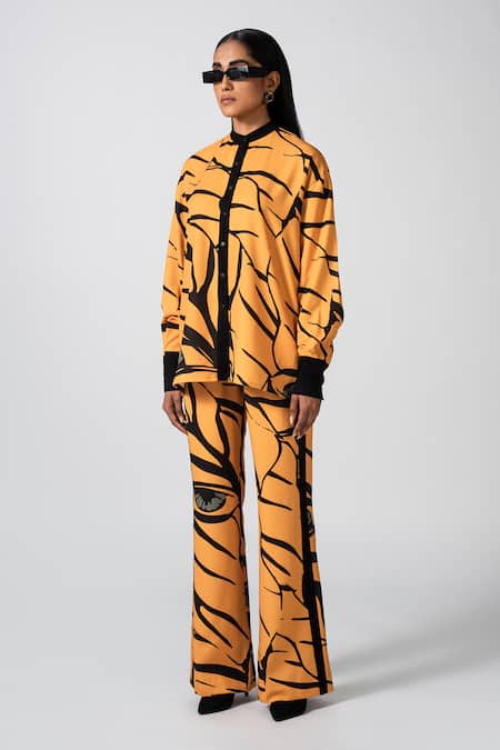 Buy Pocketful Of Cherrie Yellow Polyester Mandarin Collar Sun Kissed Printed Shirt And Pant Set Online at Aza Fashions Buy_Pocketful Of Cherrie_Yellow Polyester Mandarin Collar Sun Kissed Printed Shirt And Pant Set _Online_at_Aza_Fashions