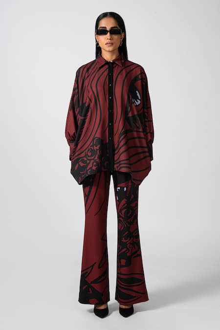 Pocketful Of Cherrie Brown 100% Polyester Printed Abstract Collared Flowy Shirt And Pant Set 