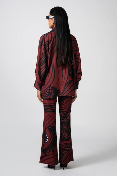 Pocketful Of Cherrie Brown Polyester Collared Flowy Printed Shirt And Pant Set Online at Aza Fashions Pocketful Of Cherrie_Brown Polyester Collared Flowy Printed Shirt And Pant Set _Online_at_Aza_Fashions