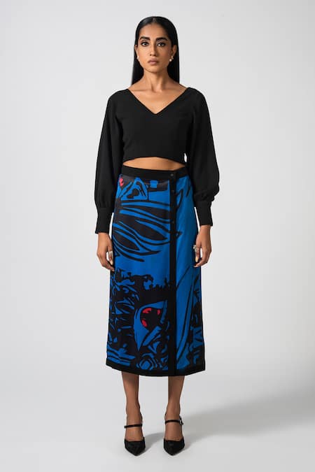 Pocketful Of Cherrie Blue 100% Viscose Printed Abstract Chic Visions Poc Wrap Skirt 