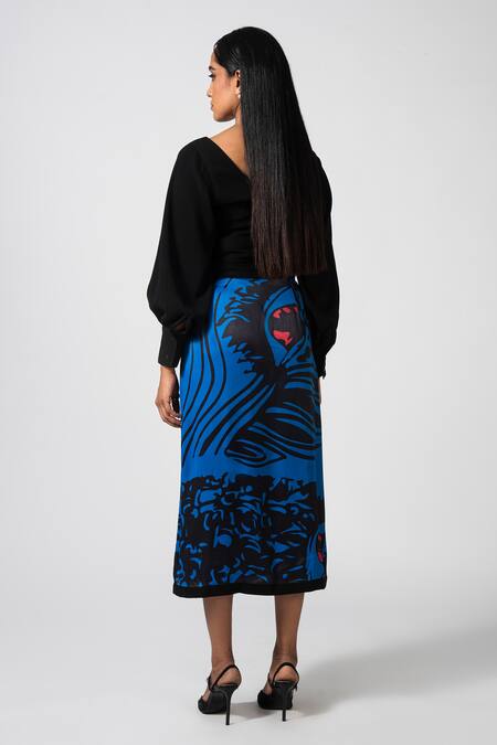 Shop Pocketful Of Cherrie Blue Viscose Chic Visions Poc Wrap Skirt at Aza Fashions Shop_Pocketful Of Cherrie_Blue Viscose Chic Visions Poc Wrap Skirt_at_Aza_Fashions