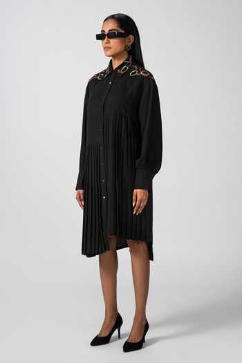 Pocketful Of Cherrie_Black Polyester Beads, Embroidery Drifted Allure Pleated Midi Shirt Dress_Online_at_Aza_Fashions