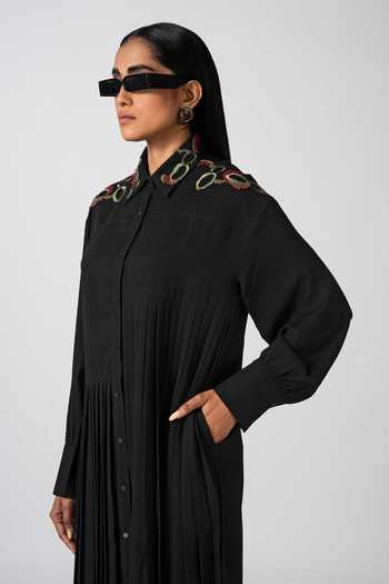 Buy_Pocketful Of Cherrie_Black Polyester Beads, Embroidery Drifted Allure Pleated Midi Shirt Dress_Online_at_Aza_Fashions