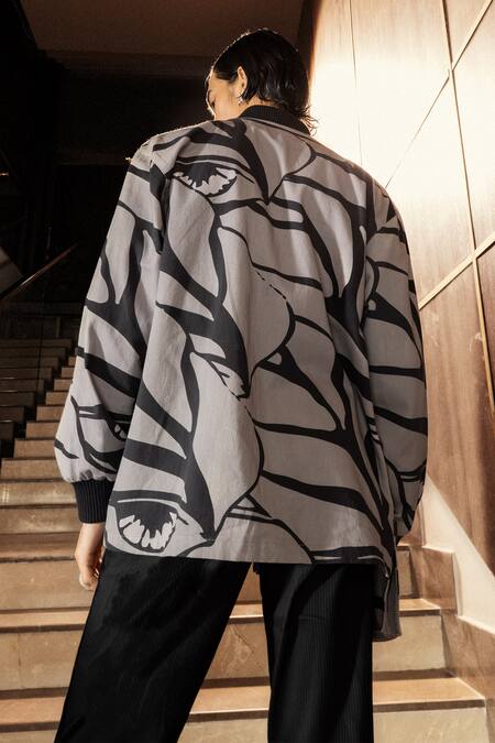Shop Pocketful Of Cherrie Grey Cotton Foliage Print Pocketed Bomber Jacket at Aza Fashions Shop_Pocketful Of Cherrie_Grey Cotton Foliage Print Pocketed Bomber Jacket_at_Aza_Fashions