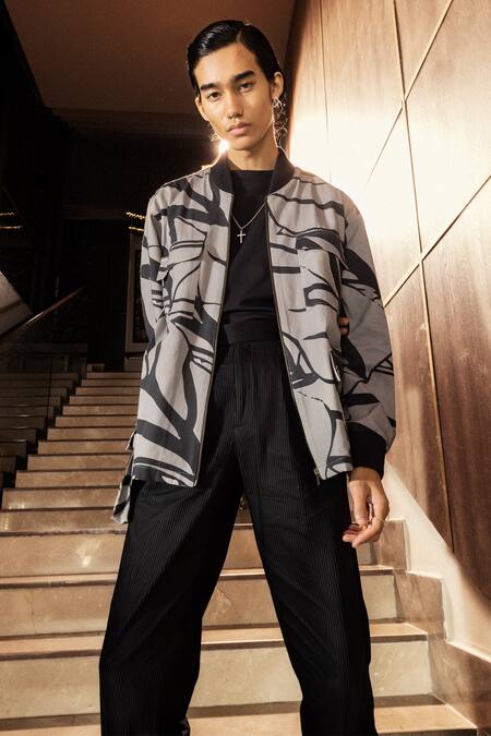 Pocketful Of Cherrie Grey Cotton Foliage Print Pocketed Bomber Jacket Online at Aza Fashions Pocketful Of Cherrie_Grey Cotton Foliage Print Pocketed Bomber Jacket_Online_at_Aza_Fashions