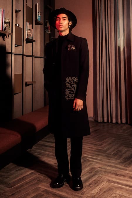 Pocketful Of Cherrie_Black Polyester Embroidery Autumnal Leaf Pocket Overcoat_Online_at_Aza_Fashions