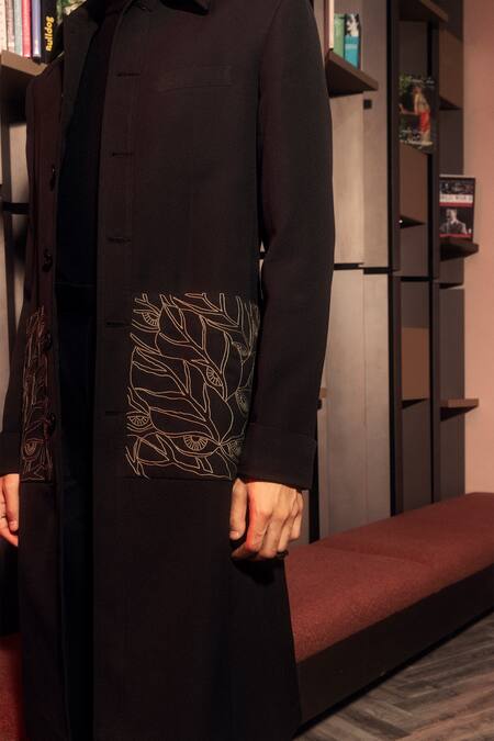 Shop_Pocketful Of Cherrie_Black Polyester Embroidery Autumnal Leaf Pocket Overcoat_Online_at_Aza_Fashions