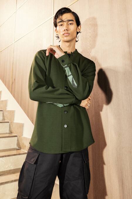 Pocketful Of Cherrie Green Polyester Grove Solid Mandarin Collar Shirt Online at Aza Fashions Pocketful Of Cherrie_Green Polyester Grove Solid Mandarin Collar Shirt_Online_at_Aza_Fashions