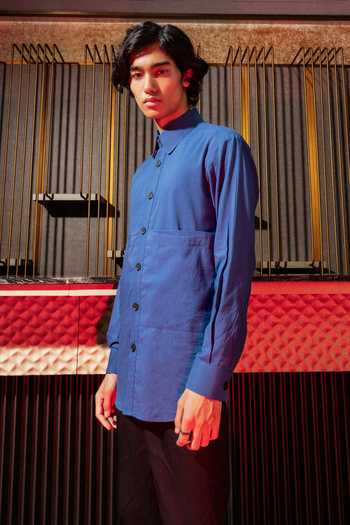 Pocketful Of Cherrie_Blue Cotton, Viscose Cerulean Horizon Wide Pocket Shirt_Online_at_Aza_Fashions