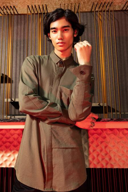 Shop Pocketful Of Cherrie Green Cotton, Viscose Grove Solid Cone Cuff Shirt at Aza Fashions Shop_Pocketful Of Cherrie_Green Cotton, Viscose Grove Solid Cone Cuff Shirt_at_Aza_Fashions