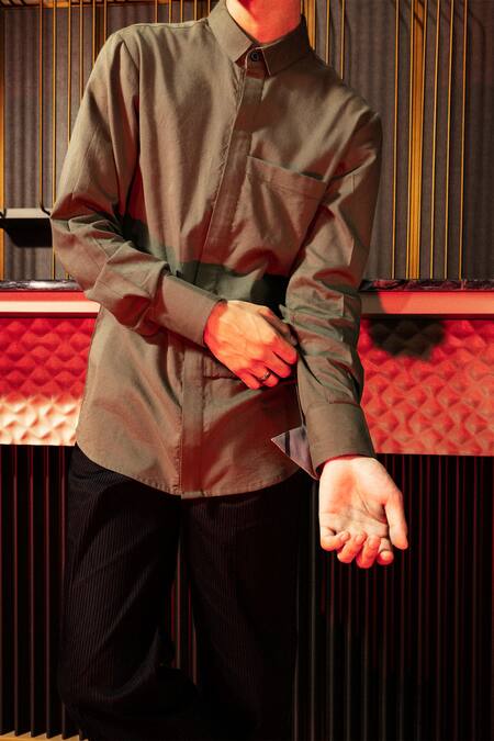 Pocketful Of Cherrie Green Cotton, Viscose Grove Solid Cone Cuff Shirt Online at Aza Fashions Pocketful Of Cherrie_Green Cotton, Viscose Grove Solid Cone Cuff Shirt_Online_at_Aza_Fashions