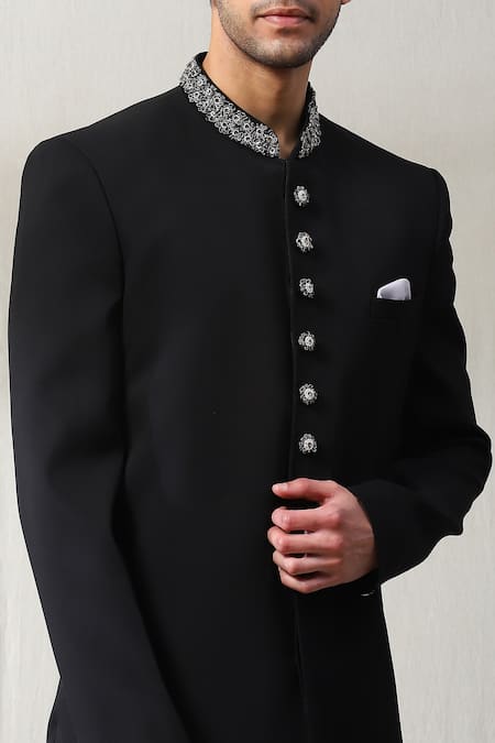 Soniya G_Black Silk Zari, Embroidery Neckline Sherwani Set _Online_at_Aza_Fashions