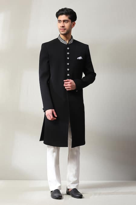 Shop_Soniya G_Black Silk Zari, Embroidery Neckline Sherwani Set _Online_at_Aza_Fashions