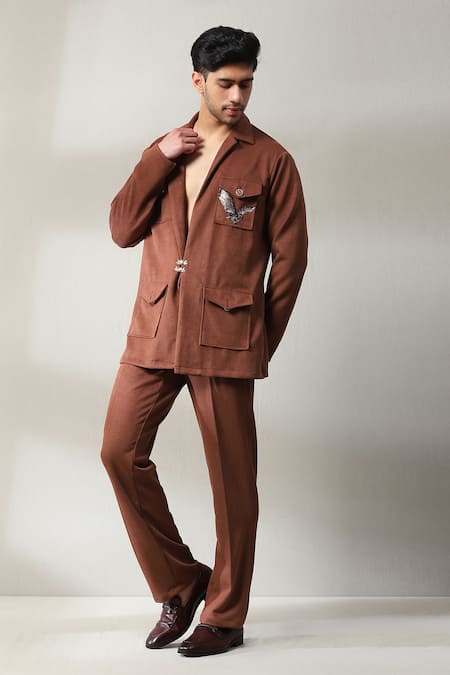 Shop Soniya G Brown Velvet Stones Swarovski Embellished Shirt And Pant Set Online at Aza Fashions Shop_Soniya G_Brown Velvet Stones Swarovski Embellished Shirt And Pant Set _Online_at_Aza_Fashions