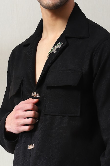 Soniya G Black Suede, Velvet Stones Swarovski Embellished Shirt And Pant Set Online at Aza Fashions Soniya G_Black Suede, Velvet Stones Swarovski Embellished Shirt And Pant Set _Online_at_Aza_Fashions
