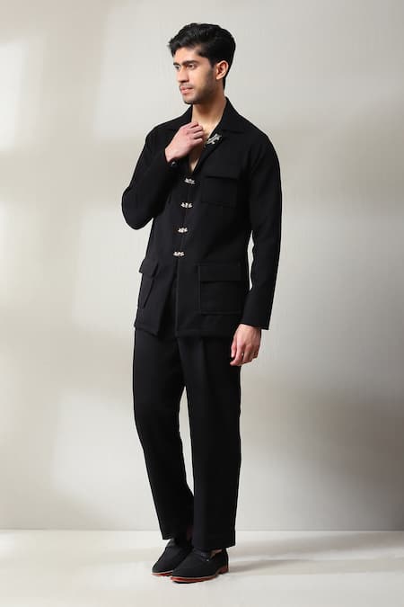 Shop Soniya G Black Suede, Velvet Stones Swarovski Embellished Shirt And Pant Set Online at Aza Fashions Shop_Soniya G_Black Suede, Velvet Stones Swarovski Embellished Shirt And Pant Set _Online_at_Aza_Fashions