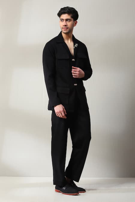 Soniya G Black Suede, Velvet Stones Swarovski Embellished Shirt And Pant Set at Aza Fashions Soniya G_Black Suede, Velvet Stones Swarovski Embellished Shirt And Pant Set _at_Aza_Fashions