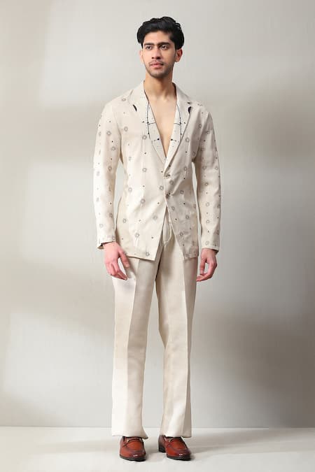 Soniya G_Ivory Handloom Cotton Stones, Metallic Thread, Embellished Jacket Pant Set _Online_at_Aza_Fashions