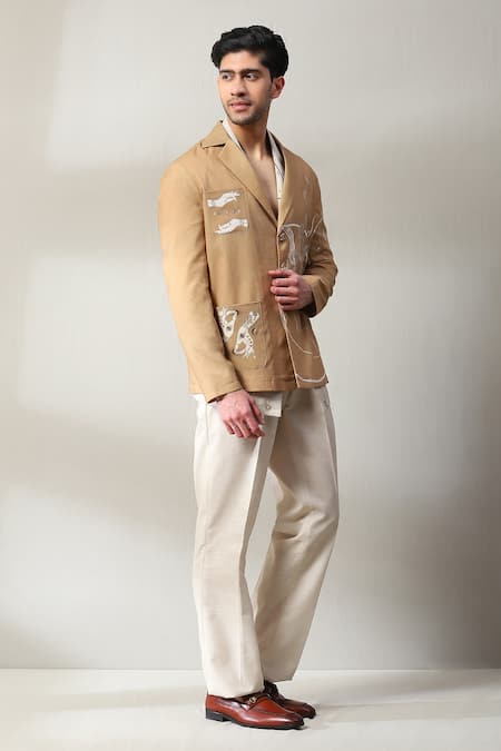 Soniya G_Ivory Handloom Cotton Stones, Metallic Thread, Embellished Jacket Pant Set _at_Aza_Fashions