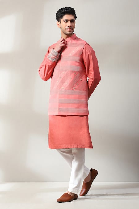 Shop_Soniya G_Peach Silk Zari, Sequins Embroidered Bundi And Kurta Set _Online_at_Aza_Fashions