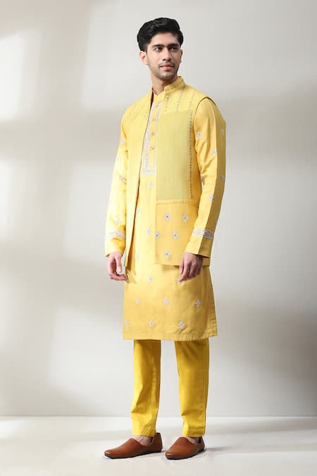 Soniya G Yellow Silk Embroidery Zari Thread Mirror Bundi And Kurta Set 