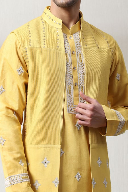 Soniya G_Yellow Silk Mirrors, Zari, Embroidery Kurta And Bundi Set _Online_at_Aza_Fashions