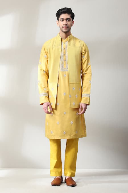 Shop_Soniya G_Yellow Silk Mirrors, Zari, Embroidery Kurta And Bundi Set _Online_at_Aza_Fashions