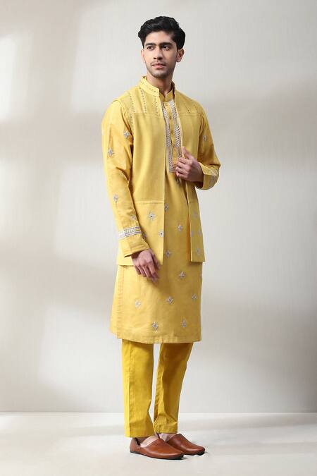 Soniya G_Yellow Silk Mirrors, Zari, Embroidery Kurta And Bundi Set _at_Aza_Fashions