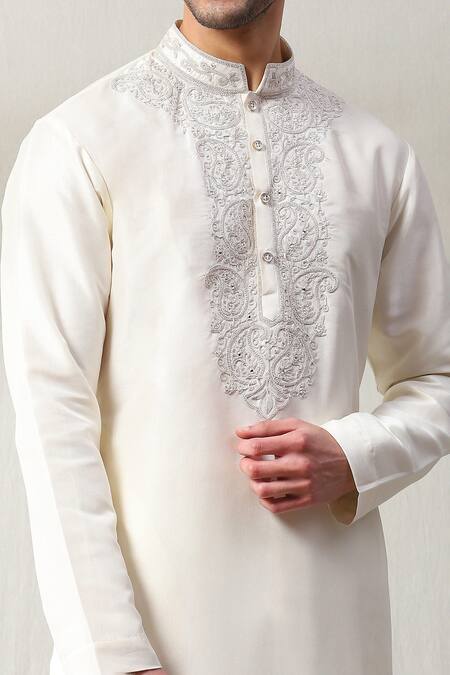 Soniya G_Ivory Handloom Cotton Embroidery Paisley Kurta With Pant _Online_at_Aza_Fashions