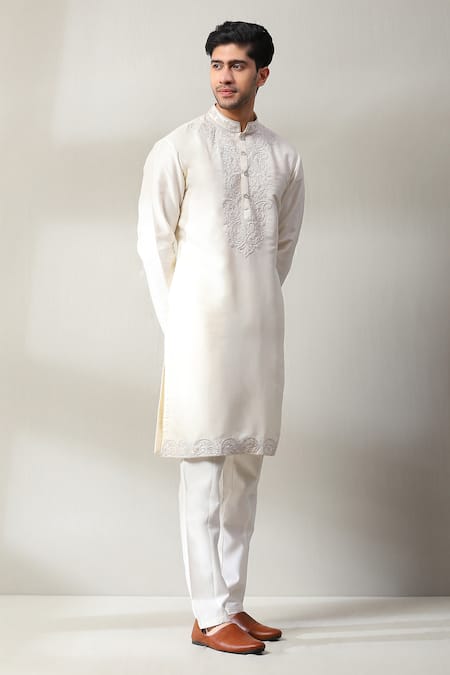 Soniya G_Ivory Handloom Cotton Embroidery Paisley Kurta With Pant _at_Aza_Fashions