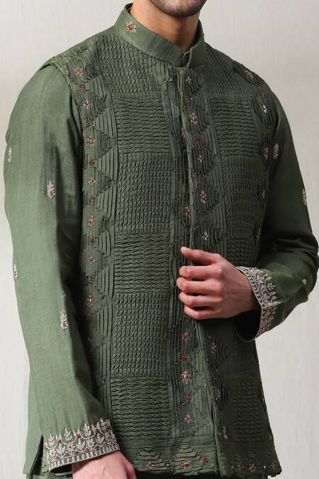 Buy_Soniya G_Green Silk Mirrors, Embroidery Pleated Bundi And Kurta Set _Online_at_Aza_Fashions