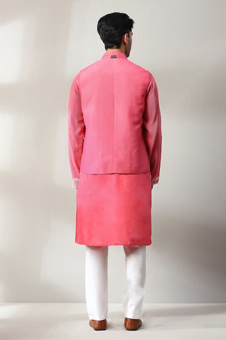 Shop_Soniya G_Pink Silk Embroidery Thread Work Bundi And Kurta Set _at_Aza_Fashions