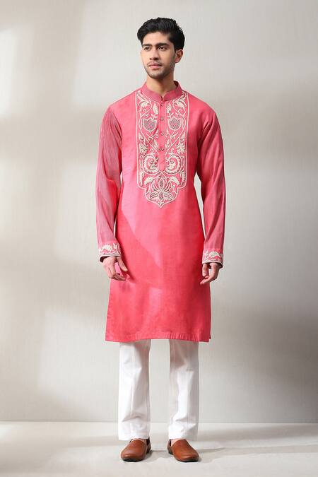 Soniya G_Pink Silk Embroidery Thread Work Bundi And Kurta Set _Online_at_Aza_Fashions