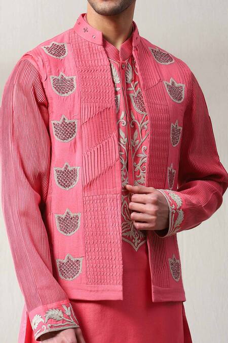 Buy_Soniya G_Pink Silk Embroidery Thread Work Bundi And Kurta Set _Online_at_Aza_Fashions