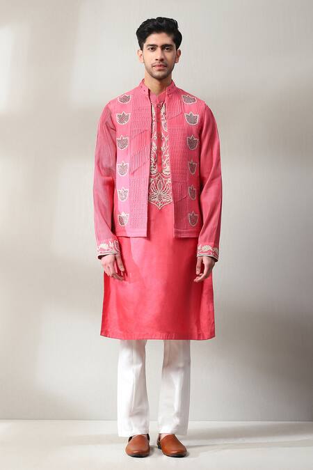 Soniya G_Pink Silk Embroidery Thread Work Bundi And Kurta Set _at_Aza_Fashions