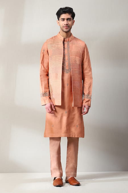 Soniya G Peach Silk Embroidery Mirror Pleated Bundi And Kurta Set 