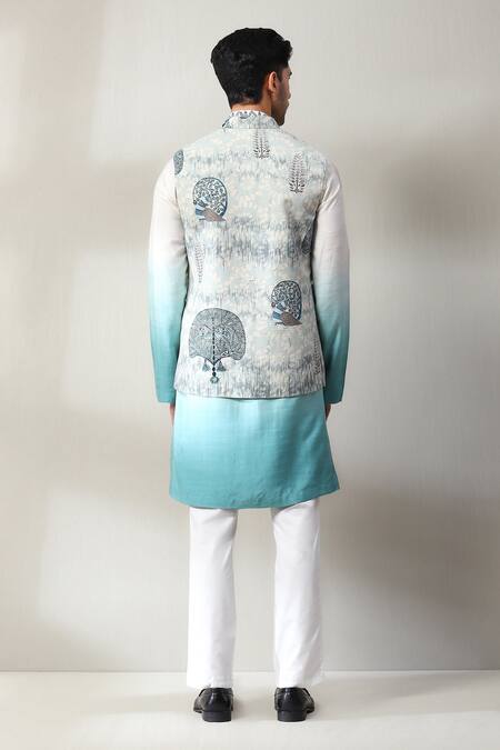 Shop_Soniya G_Blue Handloom Cotton Embroidery Floral Print Bundi And Ombre Kurta Set _at_Aza_Fashions