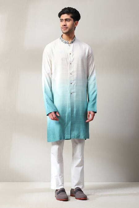 Soniya G_Blue Handloom Cotton Embroidery Floral Print Bundi And Ombre Kurta Set _Online_at_Aza_Fashions